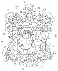 Santa Claus friendly smiling and waving his hand in greeting at a decorated window of a snowy old wooden house from a fairytale, black and white outline vector cartoon illustration