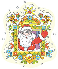 Santa Claus friendly smiling and waving his hand in greeting at a colorfully decorated window of a snowy old wooden house from a fairytale, vector cartoon illustration on white