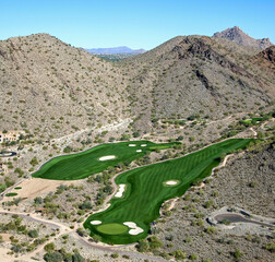 Aerial view of golf in the McDowell Mountains 