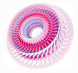 3d render of abstract art with surreal 3d machinery industrial turbine jet engine or wheel in spherical spiral twisted shape with sharp fractal blades in pink and white plastic on white background