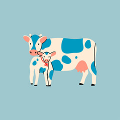 Cute Cow and Calf standing and looking in camera. Hand drawn colored trendy Vector illustration. Funny characters. Cartoon style. Flat design. Rural farm Animals concept. Isolated on blue background