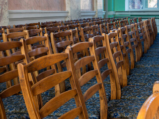 empty lecture hall. Organized For Social Distancing. Corona virus outbreak concept of distance between places