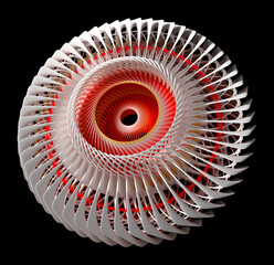 3d render of abstract art with surreal 3d machinery industrial turbine jet engine or wheel in spherical spiral twisted shape with sharp fractal blades in red and white plastic on black background