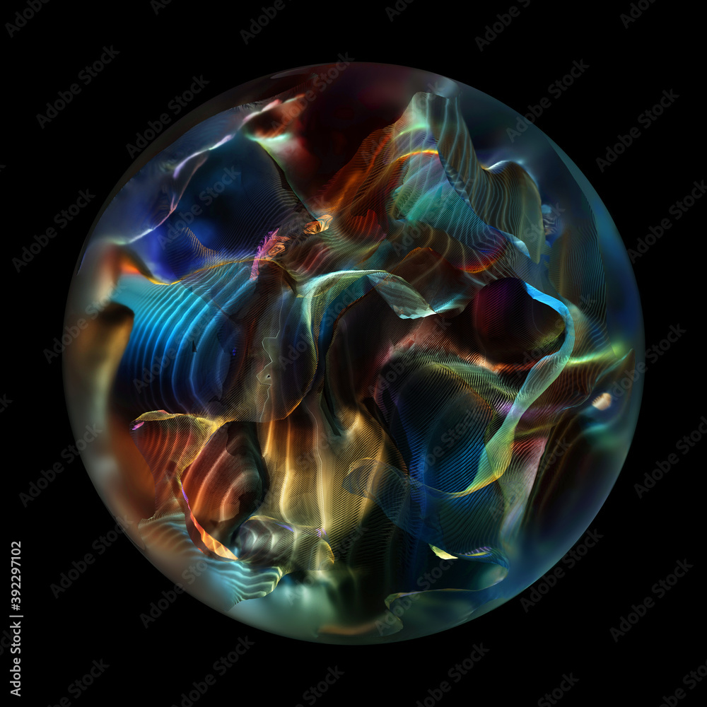 Poster 3d render of abstract art with surreal glass 3d ball with organic curve round wavy substance in bio 