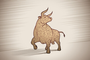 Ox is decorated of frizzy curly wool. Bull is standing on background from hatching lines. Taurus is zodiacal symbol of New Year 2021. Vector illustration for poster or calendar design in retro style.