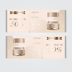 Gift voucher hydrating facial cream for annual sale or festival sale. silver and gold cream mask bottle isolated on glitter particles background. Banner graceful cosmetic ads, illustration.