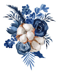 watercolor illustration, Christmas composition with cotton, berries, juniper branches, poincetia, isolated on a white background, blue flowers