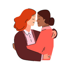Lesbian female multiracial couple together. Woman tender hug and kiss. Modern lovers portrait in pastel colors, flan minimalistic style. Stock vector illustration.