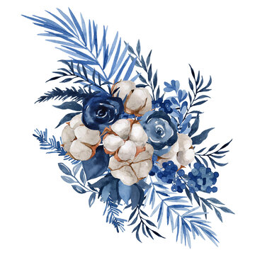 watercolor illustration, Christmas composition with cotton, berries, juniper branches, poincetia, isolated on a white background, blue flowers
