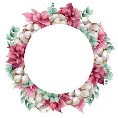 watercolor illustration, vegetable wreath with pine branches, cotton, berries, Christmas card template, place for text