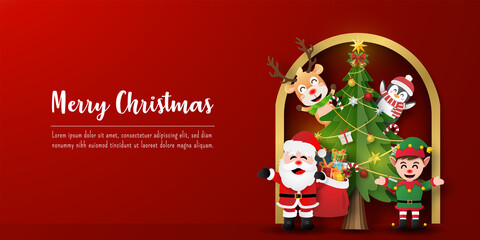 Obraz na płótnie Canvas Christmas postcard banner of Santa Claus and friends with Christmas tree