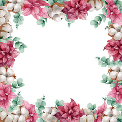 watercolor illustration, vegetable wreath with pine branches, cotton, berries, Christmas card template, place for text