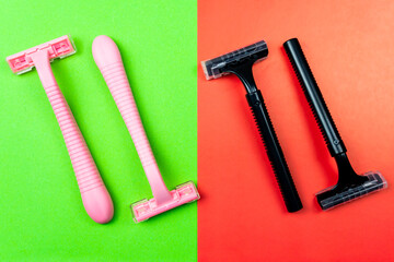 Gender inequality and stereotypes. The division of the sexes into men and women. Image of shaving razors in pink and black