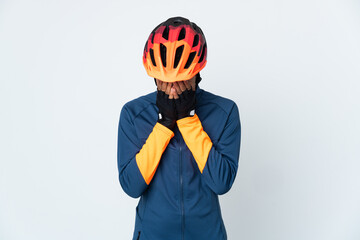Young cyclist Brazilian man isolated on white background with tired and sick expression - obrazy, fototapety, plakaty
