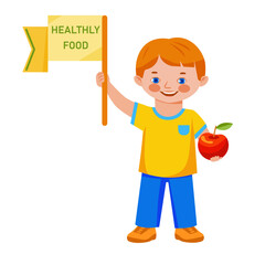 Little boy with an apple. Healthly food. Vector illustration.