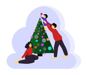 Naklejka premium Christmas card with a picture of a young family who decorates the Christmas tree. Perfect for printing banners, flyers, and other graphics. EPS 10