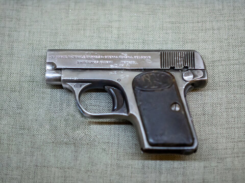 KIEV, UKRAINE-JULY 23, 2019: 1906 Browning pistol FN Model 1906 (FN Model 1905,  Colt Model 1908 Vest Pocket)