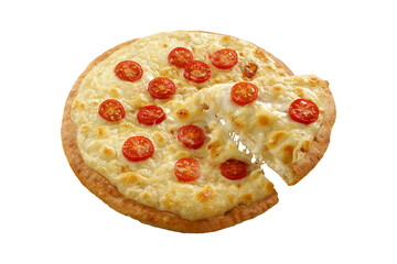 Pizza with tomatoes with a free space for toppings in a romantic interior