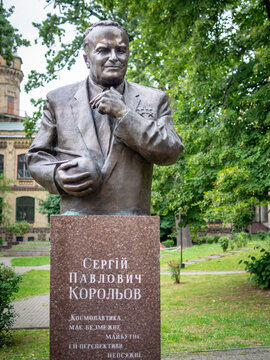 KIEV, UKRAINE-JULY 23, 2019: Soviet rocket engineer Sergei Pavlovich Korolev (Korolyov) bronze monument by Oleynik M. O.