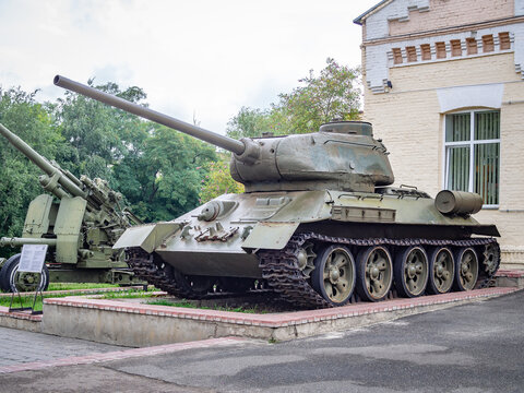 KIEV, UKRAINE-JULY 23, 2019: 1944 Battle Tank T-34/85 in the Polytechnic Museum at Ukrainian National Technical University