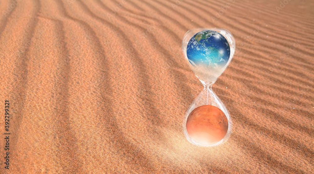 Aufkleber planet earth is becoming a dead planet like mars - hourglass inside planet earth and mars isolated w