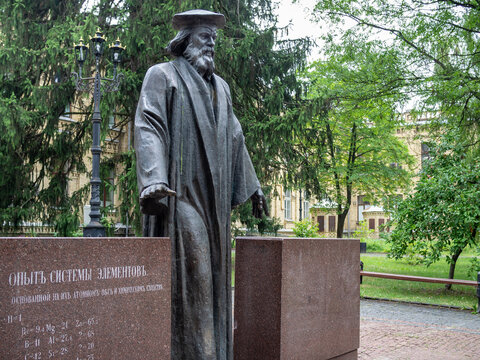 KIEV, UKRAINE-JULY 23, 2019: Monument to Russian scientist Medeleyev near building #4 (chemistry and technology) of Igor Sikorsky Kyiv Polytechnic Institute