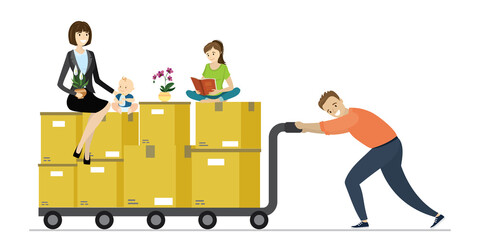 Relocation concept. Man pushes cart with various boxes. Family sitting on cardboard boxes, moving to new place of residence with things. © naum