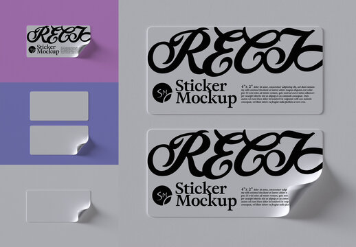 Rounded Rectangle Sticker Mouckup Layouts with Curled Corner