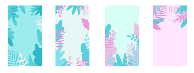 Obraz na płótnie Canvas Floral landscapes - vertical background with leaves and plants and flowers for phone. Backdrop for posters, banners, greeting cards and placards. Vector illustration in flat simple style.