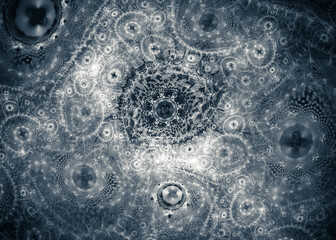 A strange ornament. References to biohacking, cell structure, mixing of living and nonliving. Abstract background.