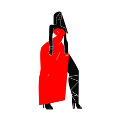Beautiful afro fashion model in a fancy, luxury long red dress. Elegant woman with dark skin posing on high heels. Stylized modern flat, minimalistic character. Stock vector illustration.
