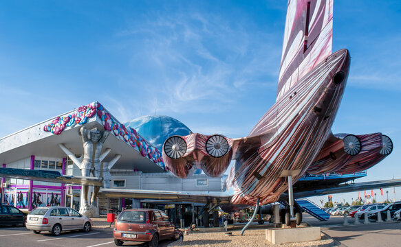 ZNOJMO, CZECH REPUBLIC - APRIL 19, 2020: Airplane - Il-62 restaurant. Huge duty-free entertainment and shopping complex located on the border between Czech Republic and Austria near town of Znojmo.