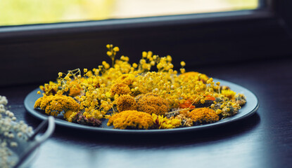 Dried flowers and autumn leaves. Autumn, fall, halloween, thanksgiving decoration.