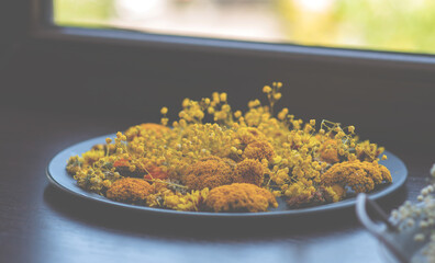 Dried flowers and autumn leaves. Autumn, fall, halloween, thanksgiving decoration.