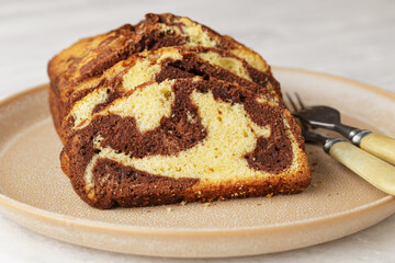 Sliced marble cake, homemade striped cake