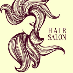 Hairstyle salon and beauty studio illustration.Long, wavy hair woman with elegant makeup.Shampoo,cosmetics and spa icon.Young lady.Beautiful model face isolated on light fund.Luxury,glamour style.
