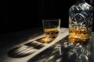 Crystal decanter and glass containing whisky