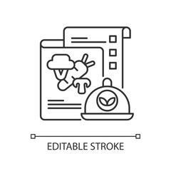 Vegan menu linear icon. Plant-based dishes. Non-meat-eater. Healthy meals. Vegetarian foods. Thin line customizable illustration. Contour symbol. Vector isolated outline drawing. Editable stroke