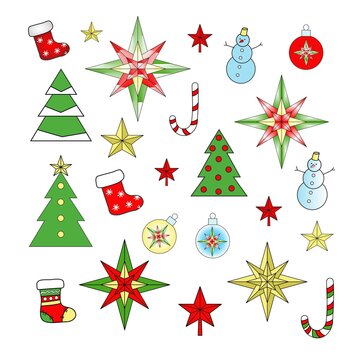 Festive items. Attributes. New Year. Christmas. Snowman, star, socks, tree, Christmas balls, lollipops