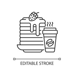 Breakfast meals linear icon. Prepared food. Pancakes and coffee. Well-balanced morning dishes. Thin line customizable illustration. Contour symbol. Vector isolated outline drawing. Editable stroke