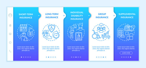 Disability insurance types onboarding vector template. Working group insurance types. Health treatment. Responsive mobile website with icons. Webpage walkthrough step screens. RGB color concept