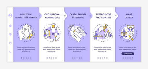 Occupational sickness onboarding vector template. Industrial dermatitis and asthma after working day. Responsive mobile website with icons. Webpage walkthrough step screens. RGB color concept