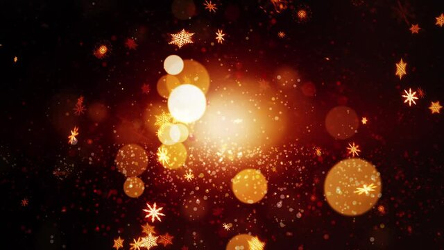 Gold glittering bokeh particle and snowflakes falling. Christmas New Year background Concept. 4K 3D looping. Golden abstract sparkles glitter lights Christmas winter snow festive gradient loop title.
