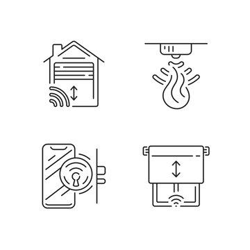 Remote Home Control System Linear Icons Set. Wireless Garage Door Opener. Fire Sensor For Your Home. Customizable Thin Line Contour Symbols. Isolated Vector Outline Illustrations. Editable Stroke