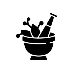 Mortar and pestle black glyph icon. Kitchen tool to mesh herbs. Cooking utensil to mix condiments. Food cooking. Seasoning preparation. Silhouette symbol on white space. Vector isolated illustration - obrazy, fototapety, plakaty