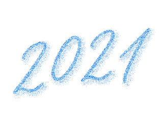 Blue 2021 New Year vector banner. Confetti particles font calligraphy.