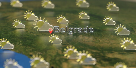 Partly cloudy weather icons near Belgrade city on the map, weather forecast related 3D rendering