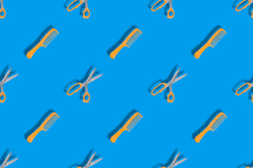 Seamless patterns. Seamless pattern from hairdressing combs and scissors. Background made of comb and scissors.