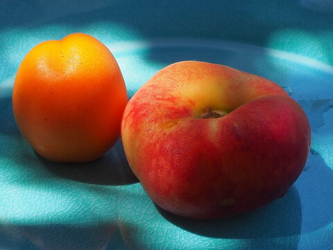 Peaches on a turquoise plate, Donoussa island, Cyclades, Greece