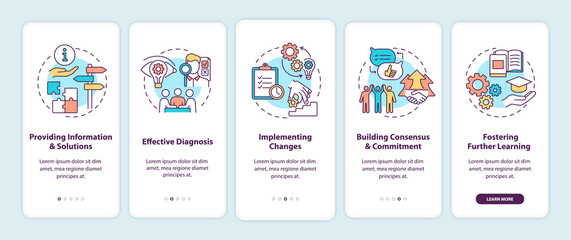 Business consulting stages onboarding mobile app page screen with concepts. Providing information, diagnosis walkthrough 5 steps graphic instructions. UI vector template with RGB color illustrations